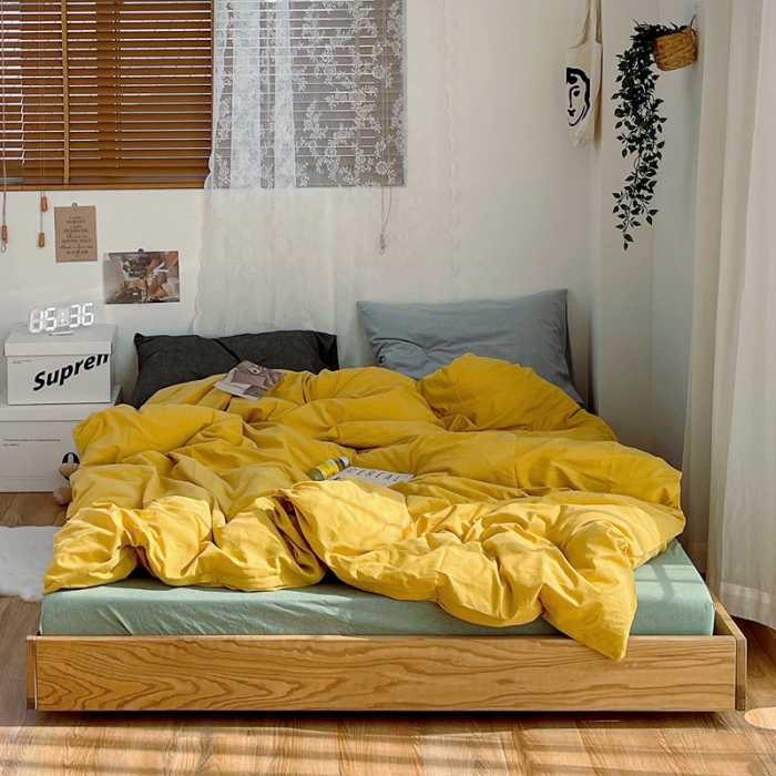 91家纺网 家纺一手货源 找家纺 安莱生活 新款纯色混搭风全棉水洗棉四件套姜黄+草绿+深灰浅蓝