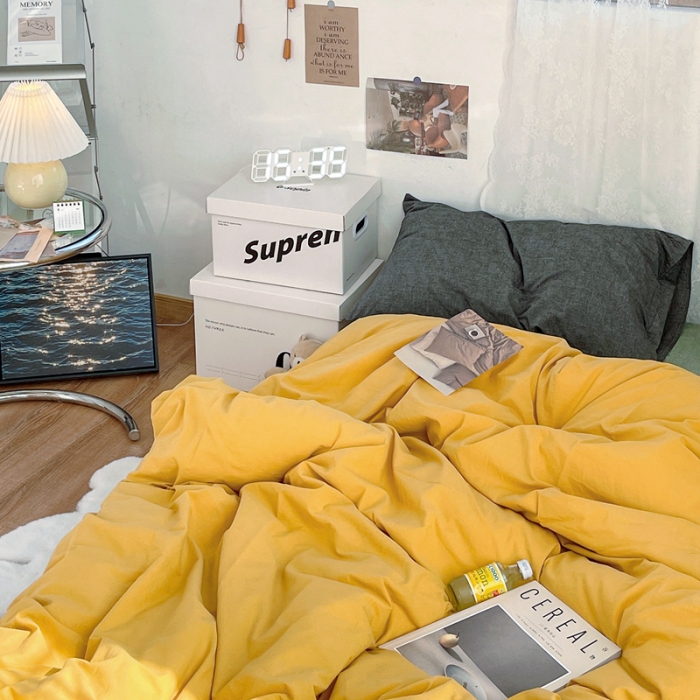 91家纺网 家纺一手货源 找家纺 安莱生活 新款纯色混搭风全棉水洗棉四件套姜黄+草绿+深灰浅蓝