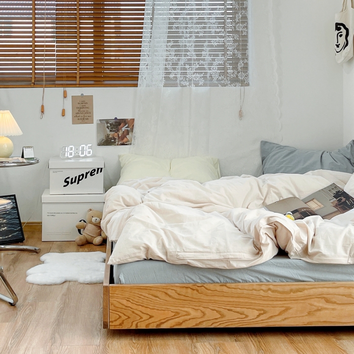 91家纺网 家纺一手货源 找家纺 安莱生活 新款纯色混搭风全棉水洗棉四件套米白+浅蓝+奶黄浅蓝