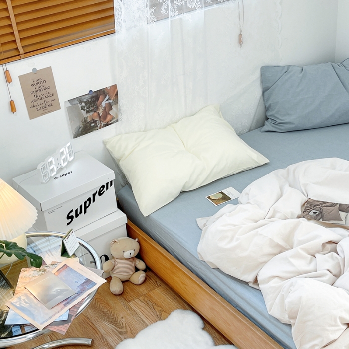 91家纺网 家纺一手货源 找家纺 安莱生活 新款纯色混搭风全棉水洗棉四件套米白+浅蓝+奶黄浅蓝