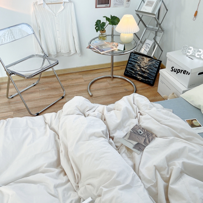 91家纺网 家纺一手货源 找家纺 安莱生活 新款纯色混搭风全棉水洗棉四件套米白+浅蓝+奶黄浅蓝