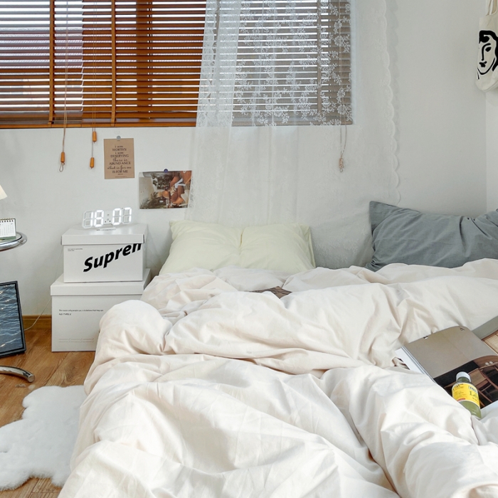 91家纺网 家纺一手货源 找家纺 安莱生活 新款纯色混搭风全棉水洗棉四件套米白+浅蓝+奶黄浅蓝