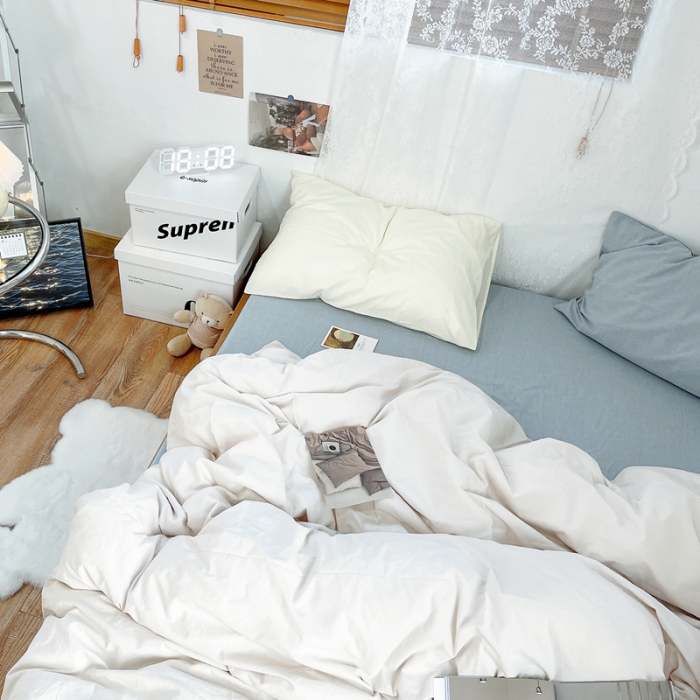 91家纺网 家纺一手货源 找家纺 安莱生活 新款纯色混搭风全棉水洗棉四件套米白+浅蓝+奶黄浅蓝