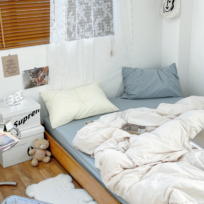 91家纺网 家纺一手货源 找家纺 安莱生活 新款纯色混搭风全棉水洗棉四件套米白+浅蓝+奶黄浅蓝