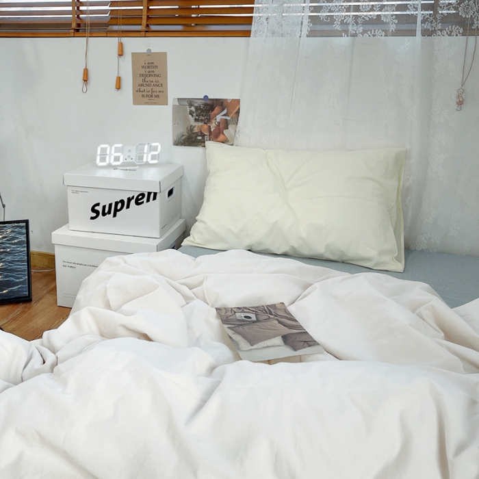 91家纺网 家纺一手货源 找家纺 安莱生活 新款纯色混搭风全棉水洗棉四件套米白+浅蓝+奶黄浅蓝