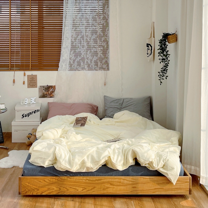 91家纺网 家纺一手货源 找家纺 安莱生活新款纯色混搭风全棉水洗棉四件套奶黄+牛仔蓝+藕粉浅蓝