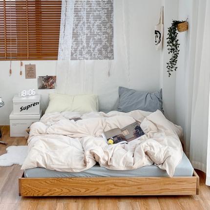 安莱生活 新款纯色混搭风全棉水洗棉四件套米白+浅蓝+奶黄浅蓝