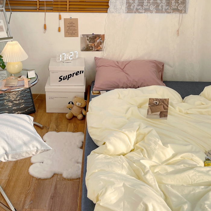 91家纺网 家纺一手货源 找家纺 安莱生活新款纯色混搭风全棉水洗棉四件套奶黄+牛仔蓝+藕粉浅蓝