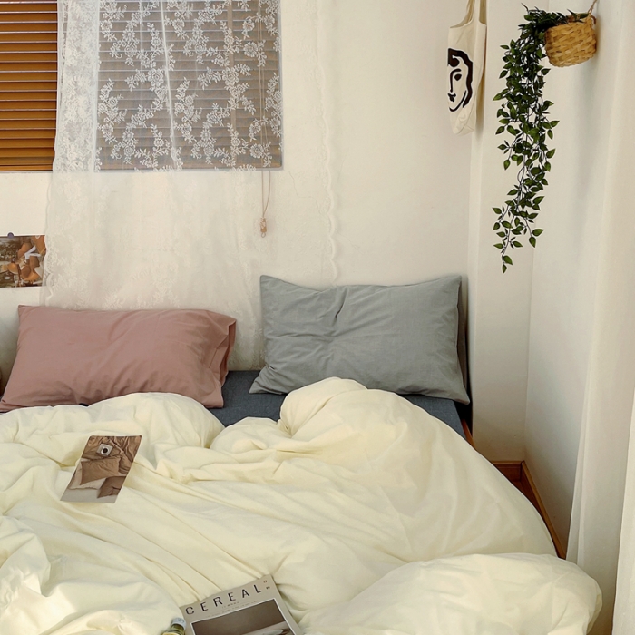 91家纺网 家纺一手货源 找家纺 安莱生活新款纯色混搭风全棉水洗棉四件套奶黄+牛仔蓝+藕粉浅蓝