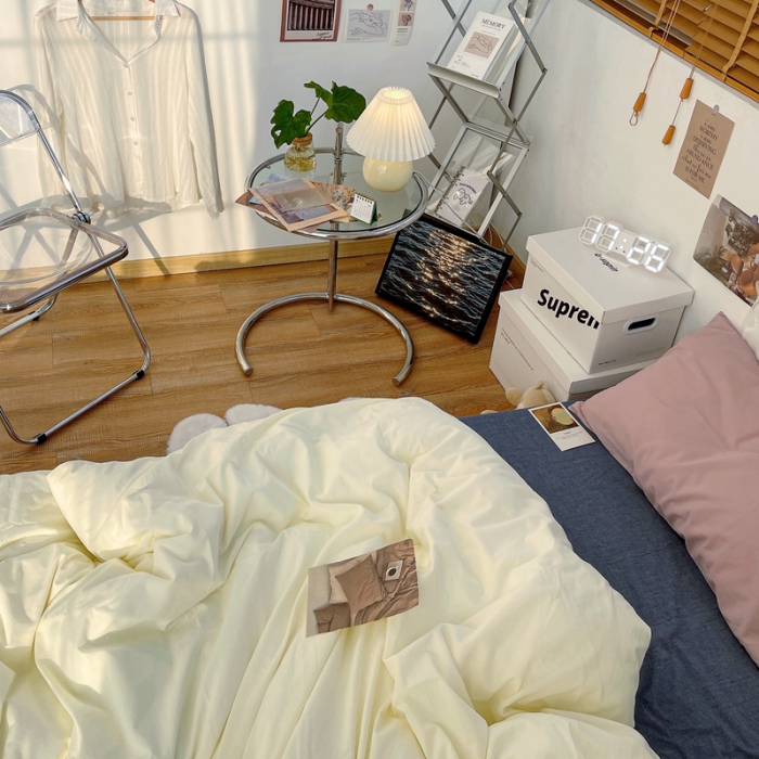 91家纺网 家纺一手货源 找家纺 安莱生活新款纯色混搭风全棉水洗棉四件套奶黄+牛仔蓝+藕粉浅蓝