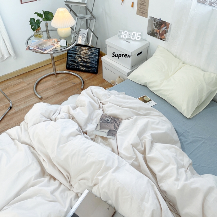 91家纺网 家纺一手货源 找家纺 安莱生活 新款纯色混搭风全棉水洗棉四件套米白+浅蓝+奶黄浅蓝