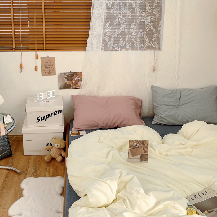 91家纺网 家纺一手货源 找家纺 安莱生活新款纯色混搭风全棉水洗棉四件套奶黄+牛仔蓝+藕粉浅蓝