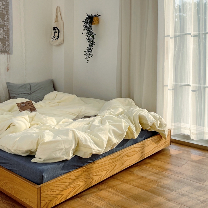 91家纺网 家纺一手货源 找家纺 安莱生活新款纯色混搭风全棉水洗棉四件套奶黄+牛仔蓝+藕粉浅蓝