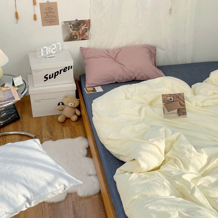 91家纺网 家纺一手货源 找家纺 安莱生活新款纯色混搭风全棉水洗棉四件套奶黄+牛仔蓝+藕粉浅蓝