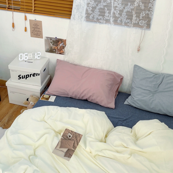 91家纺网 家纺一手货源 找家纺 安莱生活新款纯色混搭风全棉水洗棉四件套奶黄+牛仔蓝+藕粉浅蓝