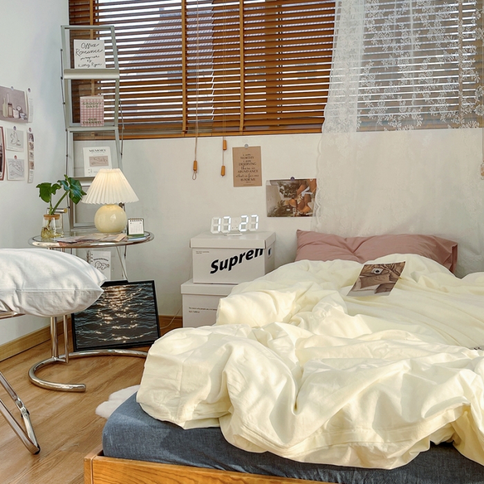 91家纺网 家纺一手货源 找家纺 安莱生活新款纯色混搭风全棉水洗棉四件套奶黄+牛仔蓝+藕粉浅蓝