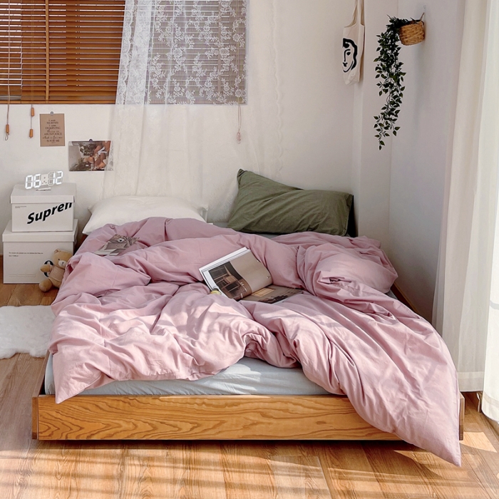 91家纺网 家纺一手货源 找家纺 安莱生活 新款纯色混搭风全棉水洗棉四件套藕粉+浅蓝+盐白草绿