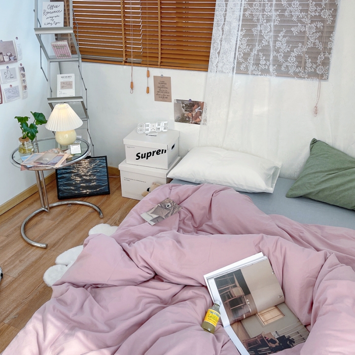 91家纺网 家纺一手货源 找家纺 安莱生活 新款纯色混搭风全棉水洗棉四件套藕粉+浅蓝+盐白草绿