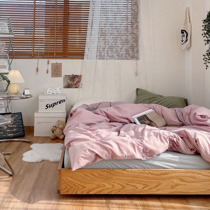 91家纺网 家纺一手货源 找家纺 安莱生活 新款纯色混搭风全棉水洗棉四件套藕粉+浅蓝+盐白草绿