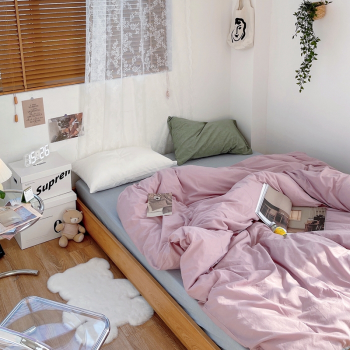 91家纺网 家纺一手货源 找家纺 安莱生活 新款纯色混搭风全棉水洗棉四件套藕粉+浅蓝+盐白草绿