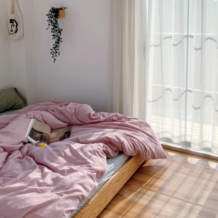 91家纺网 家纺一手货源 找家纺 安莱生活 新款纯色混搭风全棉水洗棉四件套藕粉+浅蓝+盐白草绿