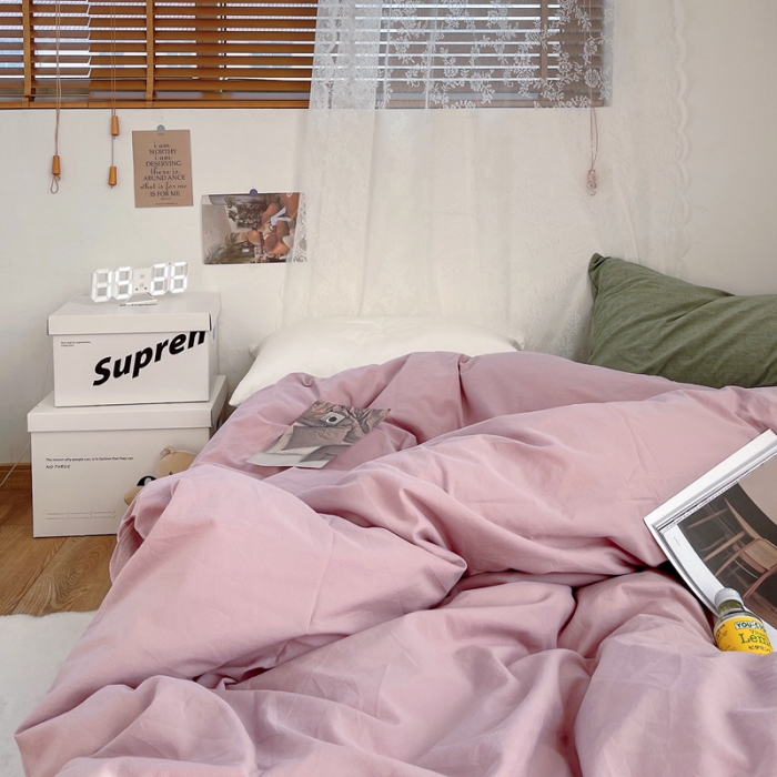 91家纺网 家纺一手货源 找家纺 安莱生活 新款纯色混搭风全棉水洗棉四件套藕粉+浅蓝+盐白草绿