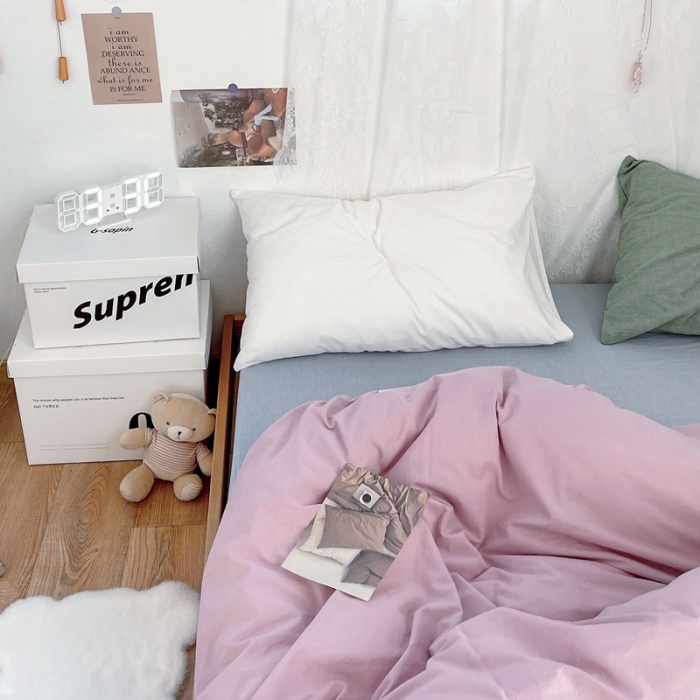 91家纺网 家纺一手货源 找家纺 安莱生活 新款纯色混搭风全棉水洗棉四件套藕粉+浅蓝+盐白草绿