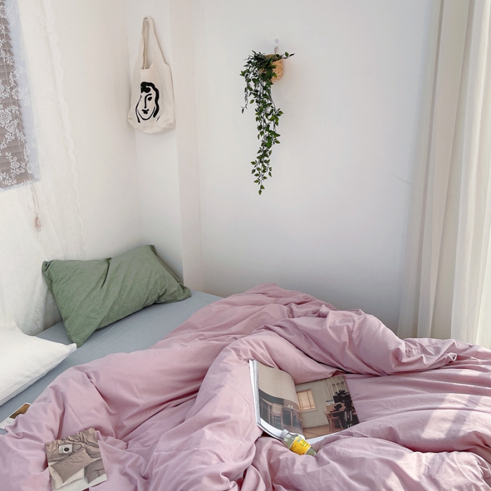 91家纺网 家纺一手货源 找家纺 安莱生活 新款纯色混搭风全棉水洗棉四件套藕粉+浅蓝+盐白草绿