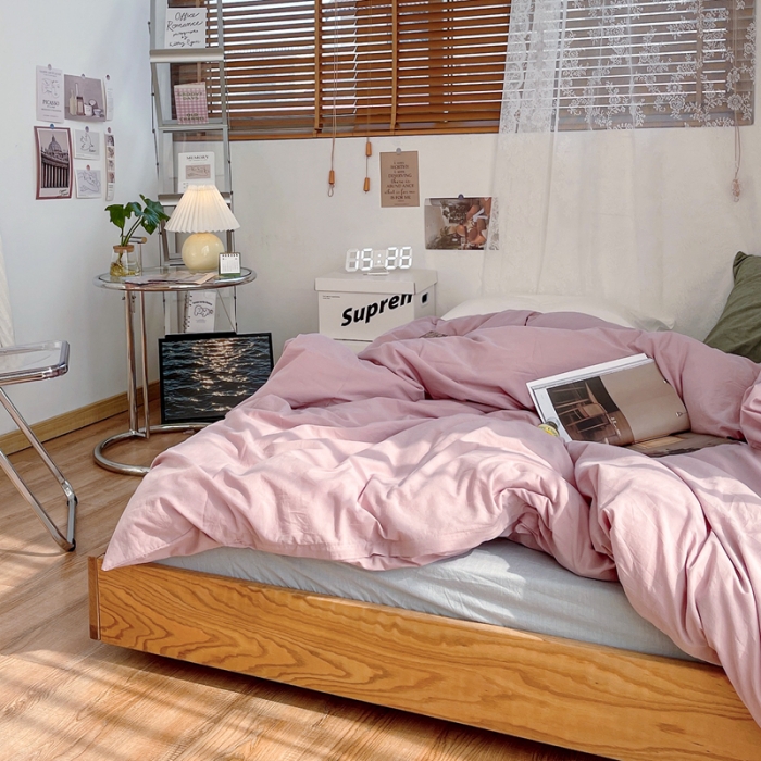 91家纺网 家纺一手货源 找家纺 安莱生活 新款纯色混搭风全棉水洗棉四件套藕粉+浅蓝+盐白草绿