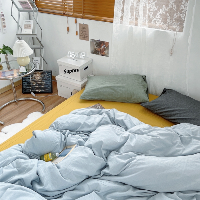 91家纺网 家纺一手货源 找家纺 安莱生活 新款纯色混搭风全棉水洗棉四件套浅蓝+姜黄+草绿深灰