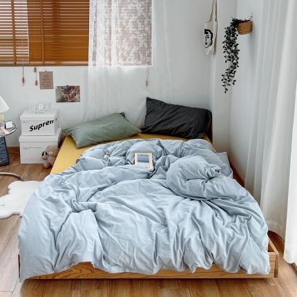 安莱生活 新款纯色混搭风全棉水洗棉四件套浅蓝+姜黄+草绿深灰