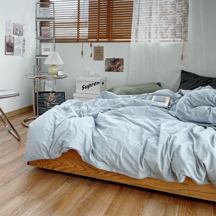 91家纺网 家纺一手货源 找家纺 安莱生活 新款纯色混搭风全棉水洗棉四件套浅蓝+姜黄+草绿深灰