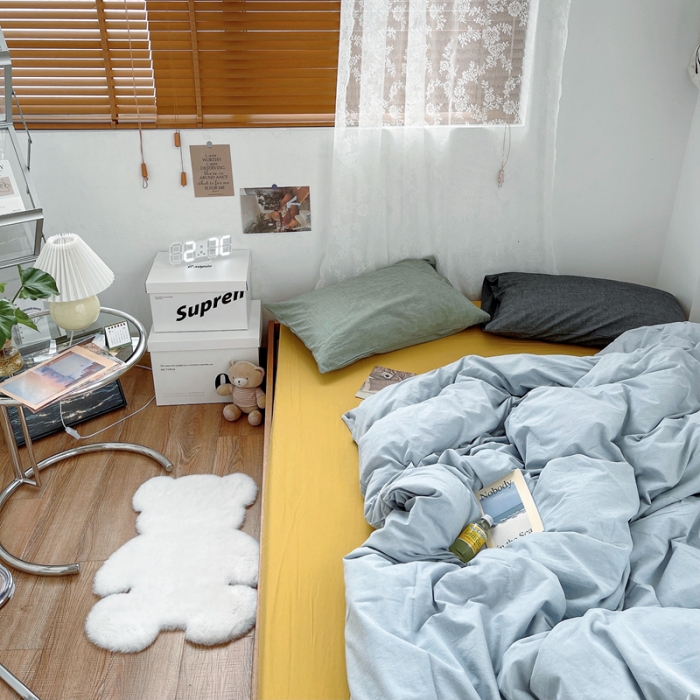 91家纺网 家纺一手货源 找家纺 安莱生活 新款纯色混搭风全棉水洗棉四件套浅蓝+姜黄+草绿深灰