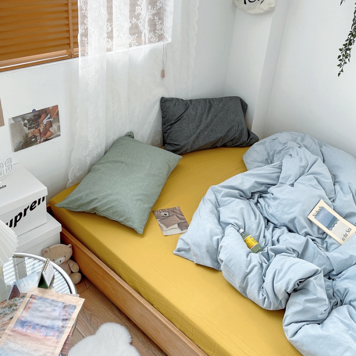 91家纺网 家纺一手货源 找家纺 安莱生活 新款纯色混搭风全棉水洗棉四件套浅蓝+姜黄+草绿深灰