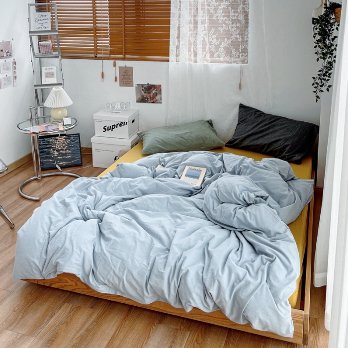 91家纺网 家纺一手货源 找家纺 安莱生活 新款纯色混搭风全棉水洗棉四件套浅蓝+姜黄+草绿深灰