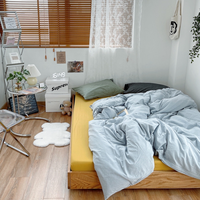 91家纺网 家纺一手货源 找家纺 安莱生活 新款纯色混搭风全棉水洗棉四件套浅蓝+姜黄+草绿深灰