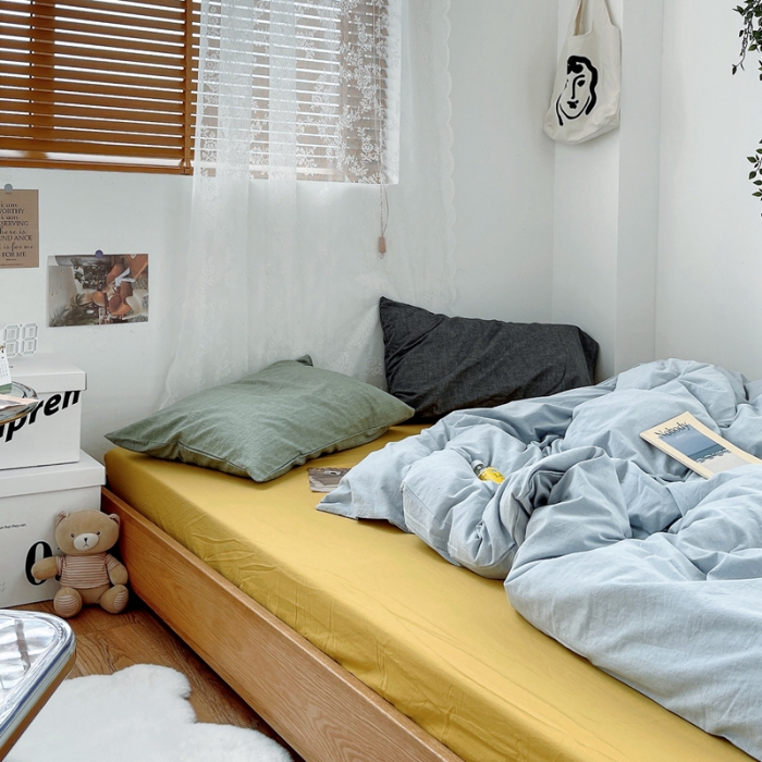 91家纺网 家纺一手货源 找家纺 安莱生活 新款纯色混搭风全棉水洗棉四件套浅蓝+姜黄+草绿深灰