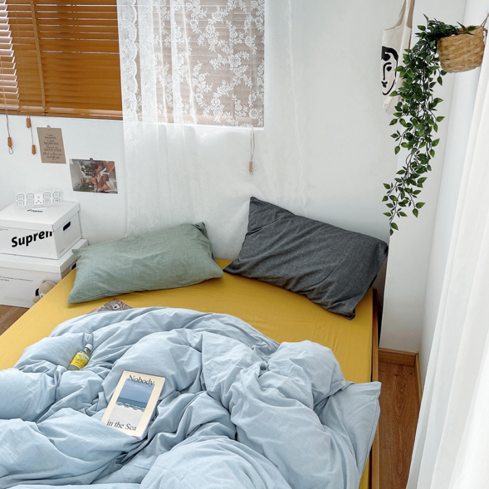 91家纺网 家纺一手货源 找家纺 安莱生活 新款纯色混搭风全棉水洗棉四件套浅蓝+姜黄+草绿深灰