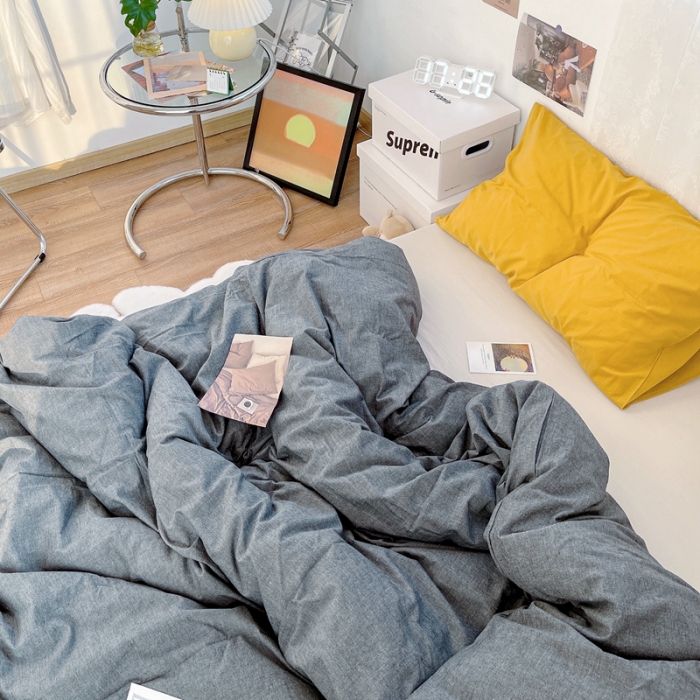 91家纺网 家纺一手货源 找家纺 安莱生活 新款纯色混搭风全棉水洗棉四件套深灰+米白+姜黄草绿