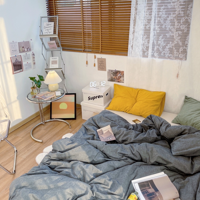 91家纺网 家纺一手货源 找家纺 安莱生活 新款纯色混搭风全棉水洗棉四件套深灰+米白+姜黄草绿