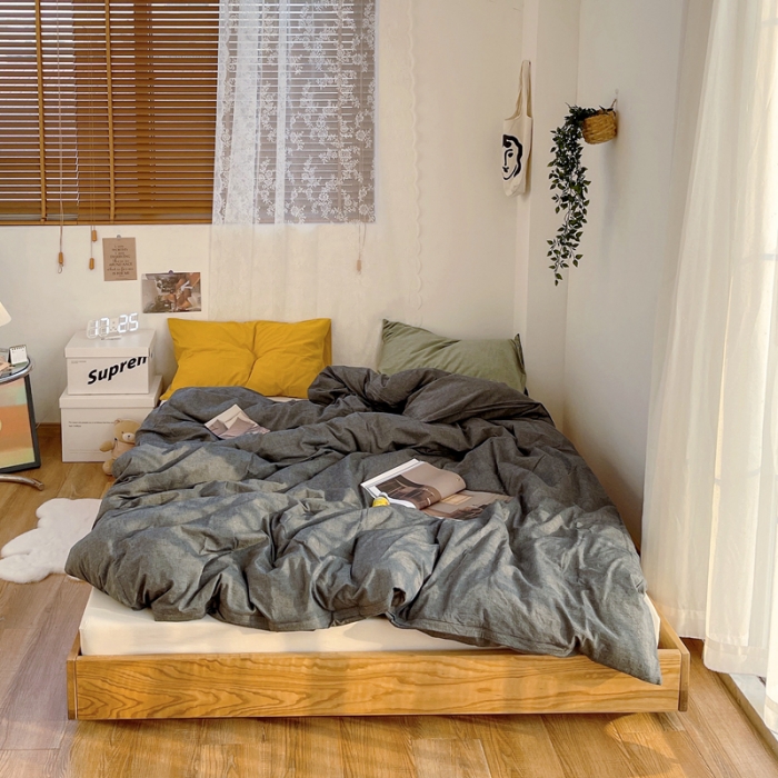 91家纺网 家纺一手货源 找家纺 安莱生活 新款纯色混搭风全棉水洗棉四件套深灰+米白+姜黄草绿