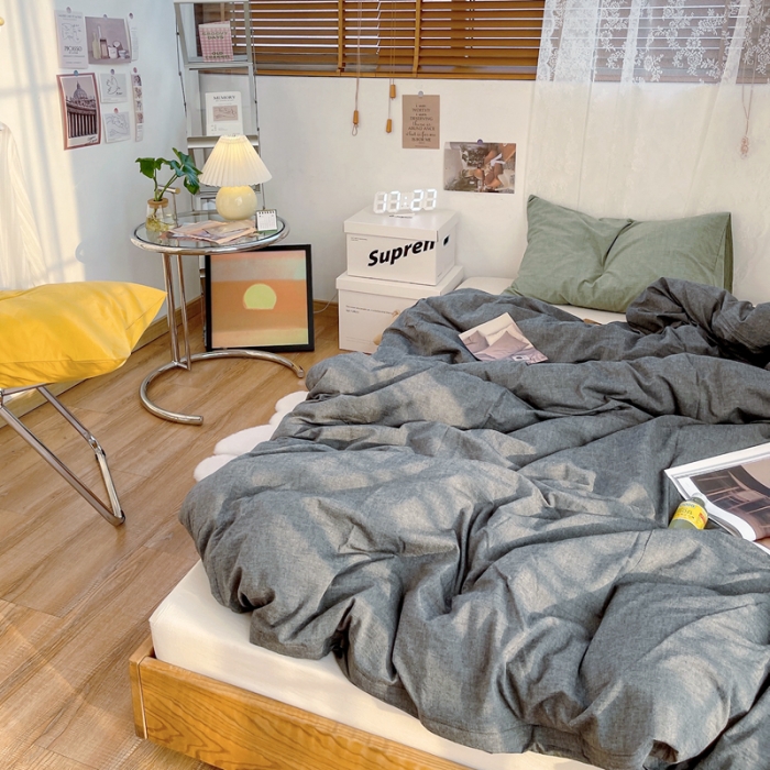 91家纺网 家纺一手货源 找家纺 安莱生活 新款纯色混搭风全棉水洗棉四件套深灰+米白+姜黄草绿