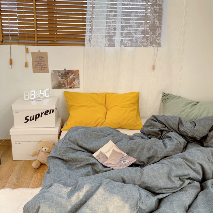 91家纺网 家纺一手货源 找家纺 安莱生活 新款纯色混搭风全棉水洗棉四件套深灰+米白+姜黄草绿