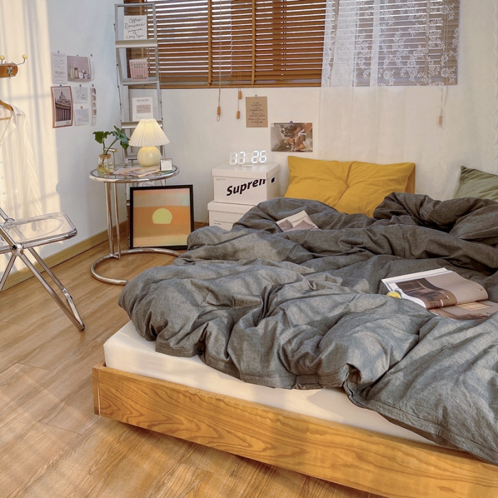 91家纺网 家纺一手货源 找家纺 安莱生活 新款纯色混搭风全棉水洗棉四件套深灰+米白+姜黄草绿