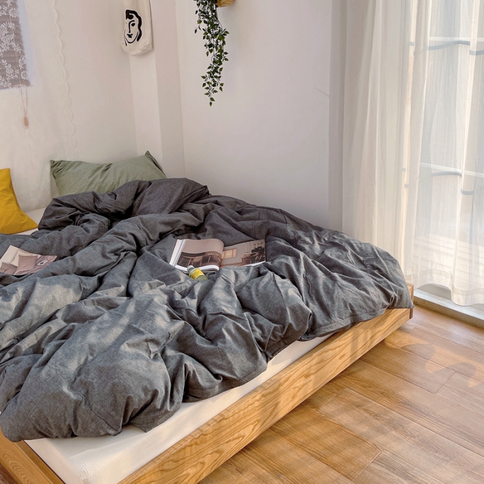 91家纺网 家纺一手货源 找家纺 安莱生活 新款纯色混搭风全棉水洗棉四件套深灰+米白+姜黄草绿