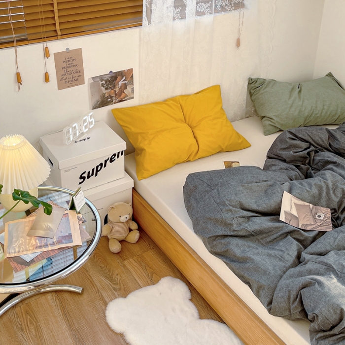 91家纺网 家纺一手货源 找家纺 安莱生活 新款纯色混搭风全棉水洗棉四件套深灰+米白+姜黄草绿