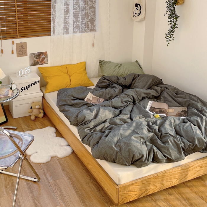 91家纺网 家纺一手货源 找家纺 安莱生活 新款纯色混搭风全棉水洗棉四件套深灰+米白+姜黄草绿