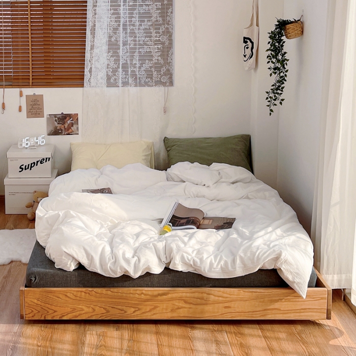 91家纺网 家纺一手货源 找家纺 安莱生活 新款纯色混搭风全棉水洗棉四件套盐白+深灰+奶黄草绿