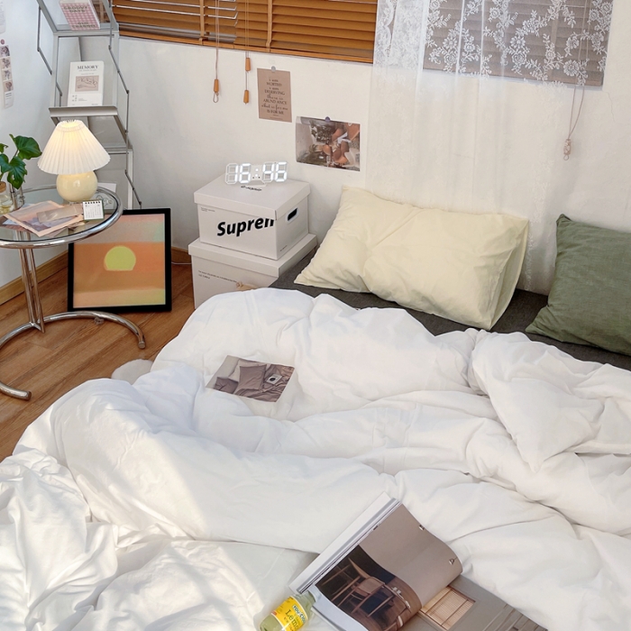 91家纺网 家纺一手货源 找家纺 安莱生活 新款纯色混搭风全棉水洗棉四件套盐白+深灰+奶黄草绿