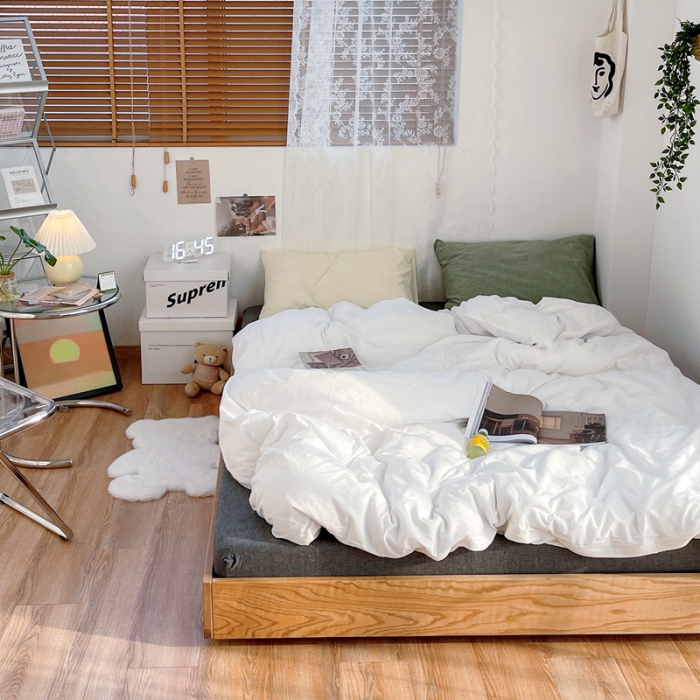 91家纺网 家纺一手货源 找家纺 安莱生活 新款纯色混搭风全棉水洗棉四件套盐白+深灰+奶黄草绿